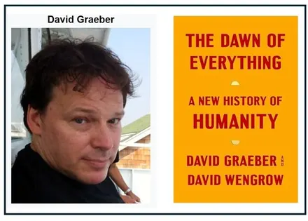 Portrait of David Graeber with book cover of 'The Dawn of Everything'.